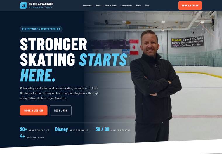 On Ice Advantage skating lessons website screenshot